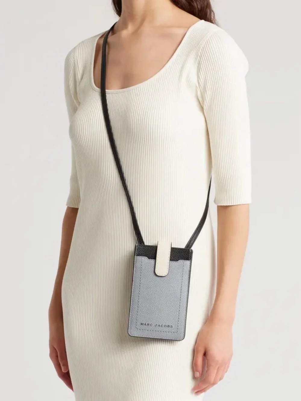 Marc Jacobs Pebbled Gray Leather Card & Phone Sleeve with Snap